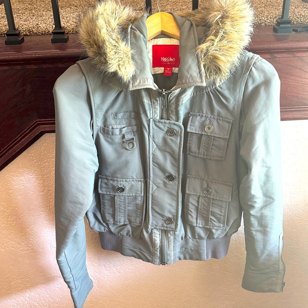 Mossimo Women’s Size Medium Jacket with Faux Fur Hood Cobat Military Style Coat
